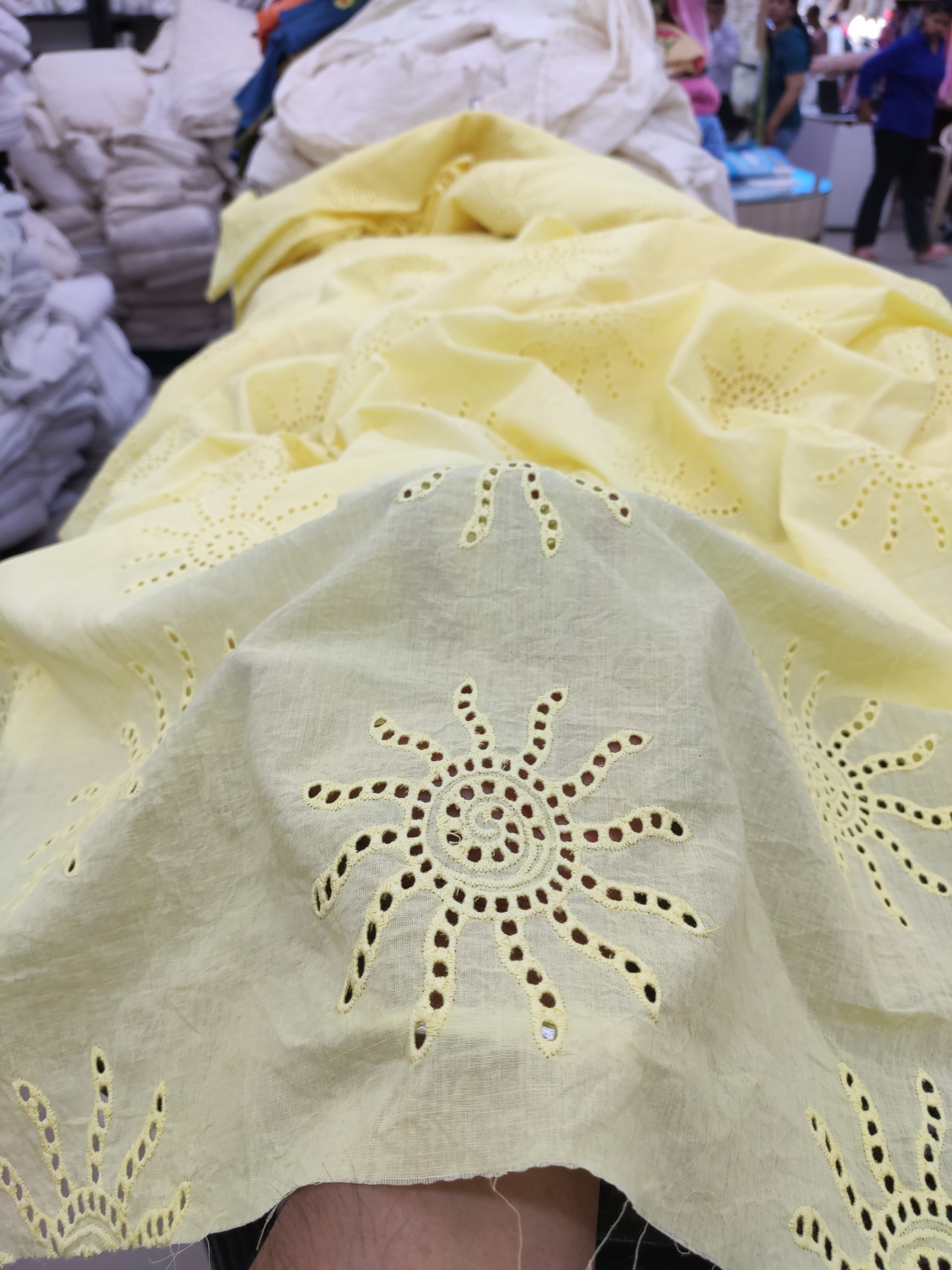 Butter Yellow Cotton Cambric Sun Motif Eyelet Fabric | Charu Creation