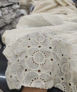 Greige Cotton Cambric Allover Geometric Eyelet Fabric | Charu Creation