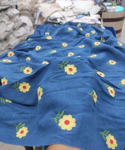 Blue Viscose Linen with Floral Embroidery Fabric | Charu Creation