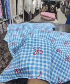 Sky Blue Gingham Cotton Cambric with Red Bow Print | Charu Creation