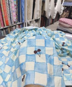 White Cotton Cambric with Blue Check & Cherry Print | Charu Creation