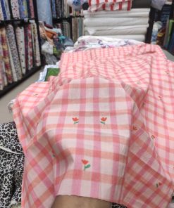 Pink Floral & Check Print Cotton Cambric Fabric | Charu Creation