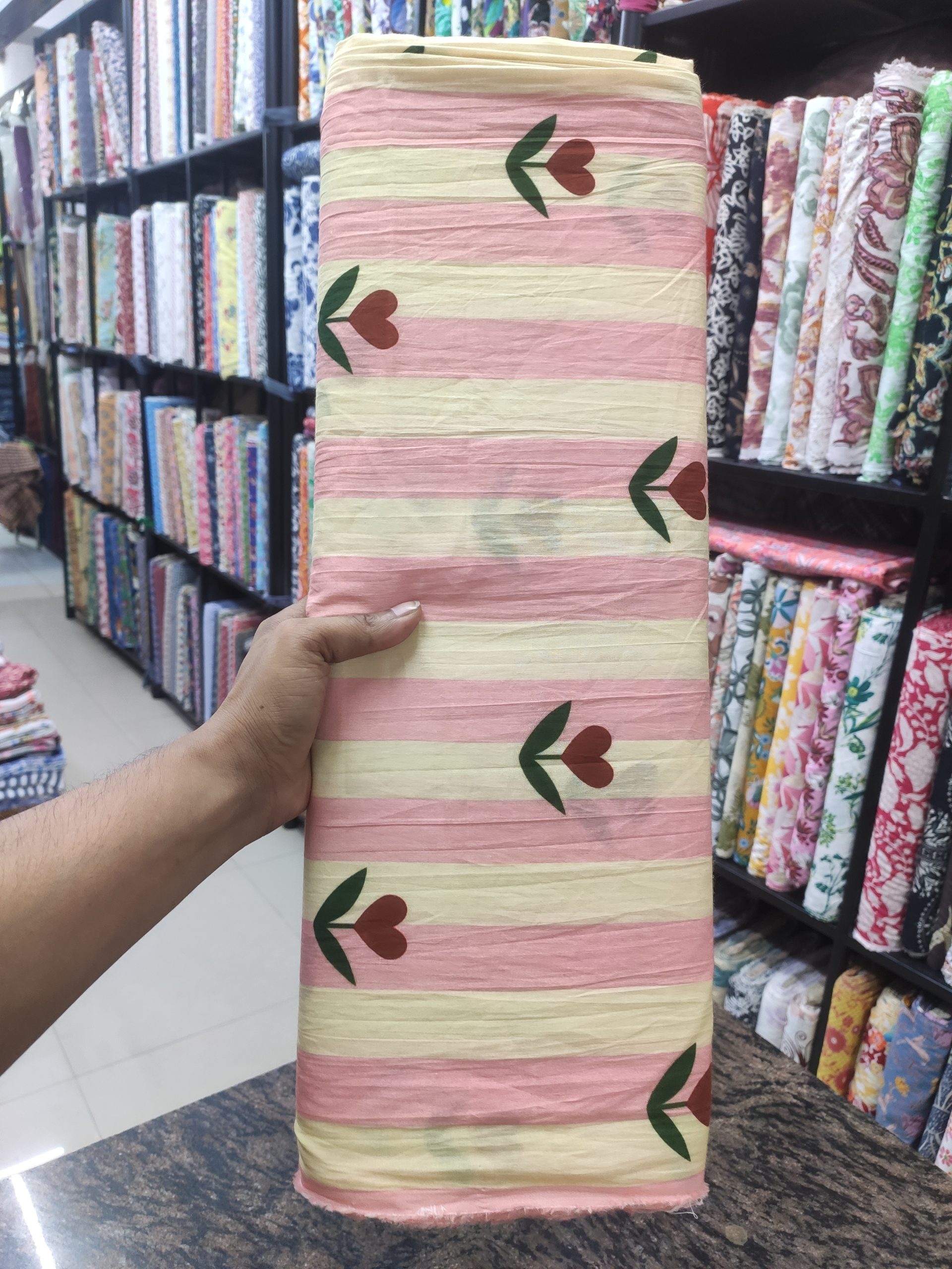 Off White Striped Cotton Cambric with Heart Motif | Charu Creation - Image 2