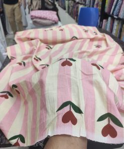 Off White Striped Cotton Cambric with Heart Motif | Charu Creation
