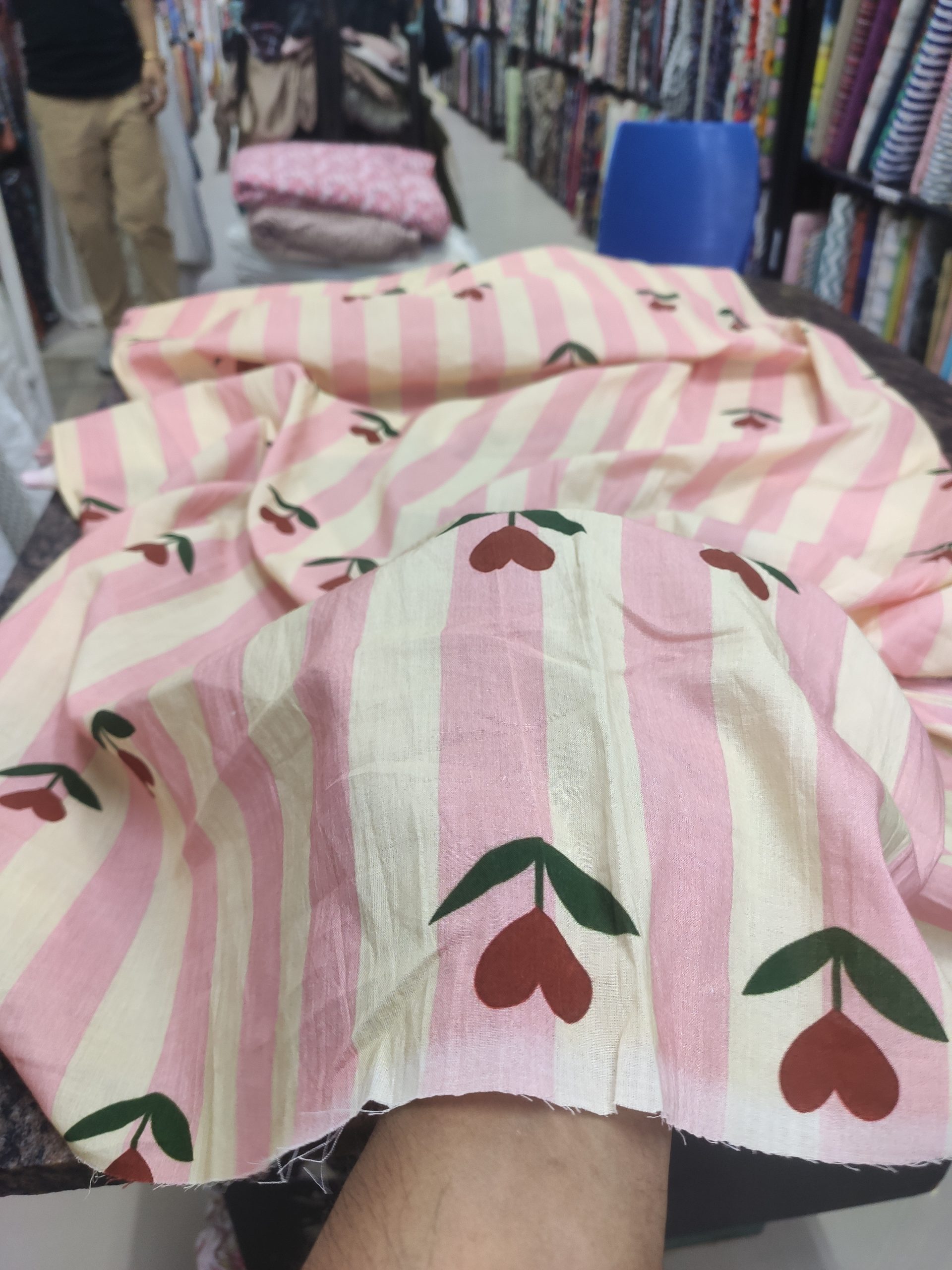Off White Striped Cotton Cambric with Heart Motif | Charu Creation