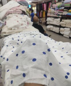White Cotton Cambric with Blue Polka Dot Embroidery | Charu Creation