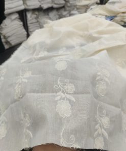 Off White Cotton Voile with Floral Stripe Embroidery | Charu Creation