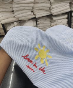 Sky Blue Cotton Stripe Fabric with Sun Embroidery | Charu Creation
