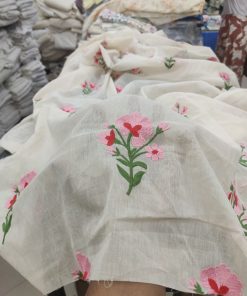 Grey Cotton Cambric with Pink Floral Embroidery | Charu Creation
