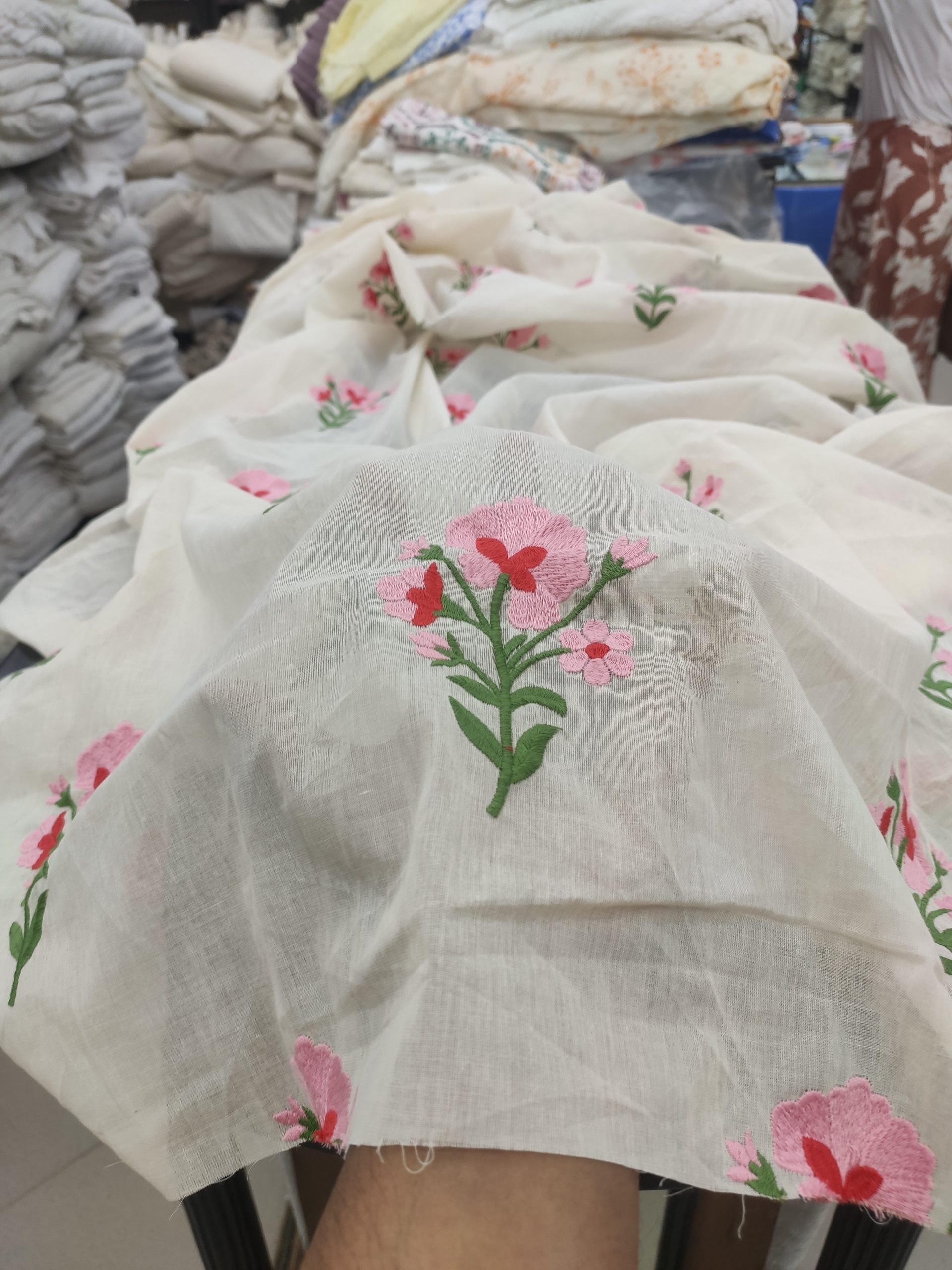 Grey Cotton Cambric with Pink Floral Embroidery | Charu Creation