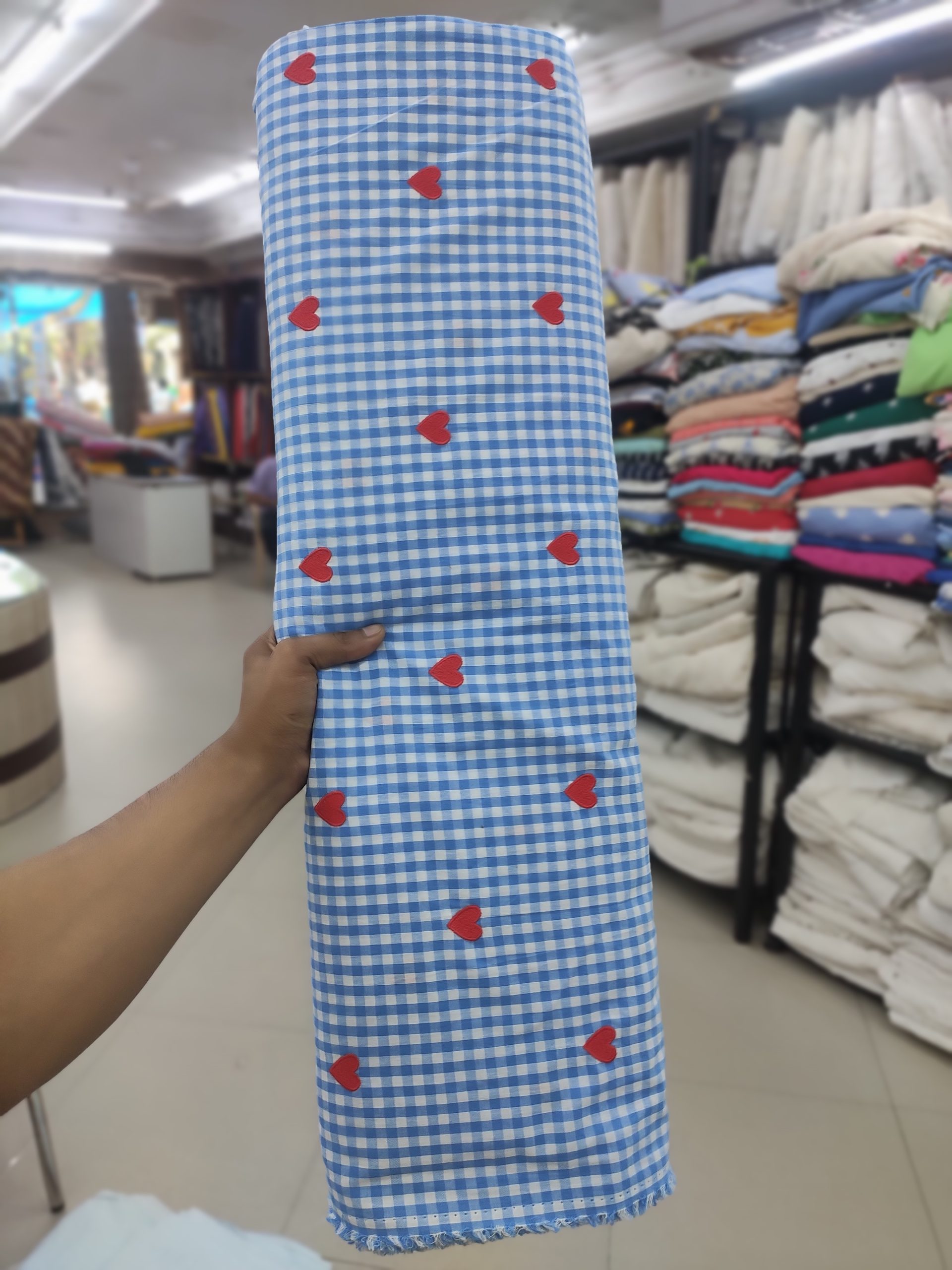 Sky Blue Cotton Checks Fabric with Heart Embroidery | Charu Creation - Image 2
