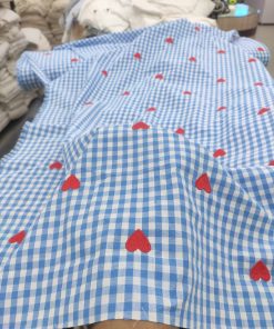 Sky Blue Cotton Checks Fabric with Heart Embroidery | Charu Creation