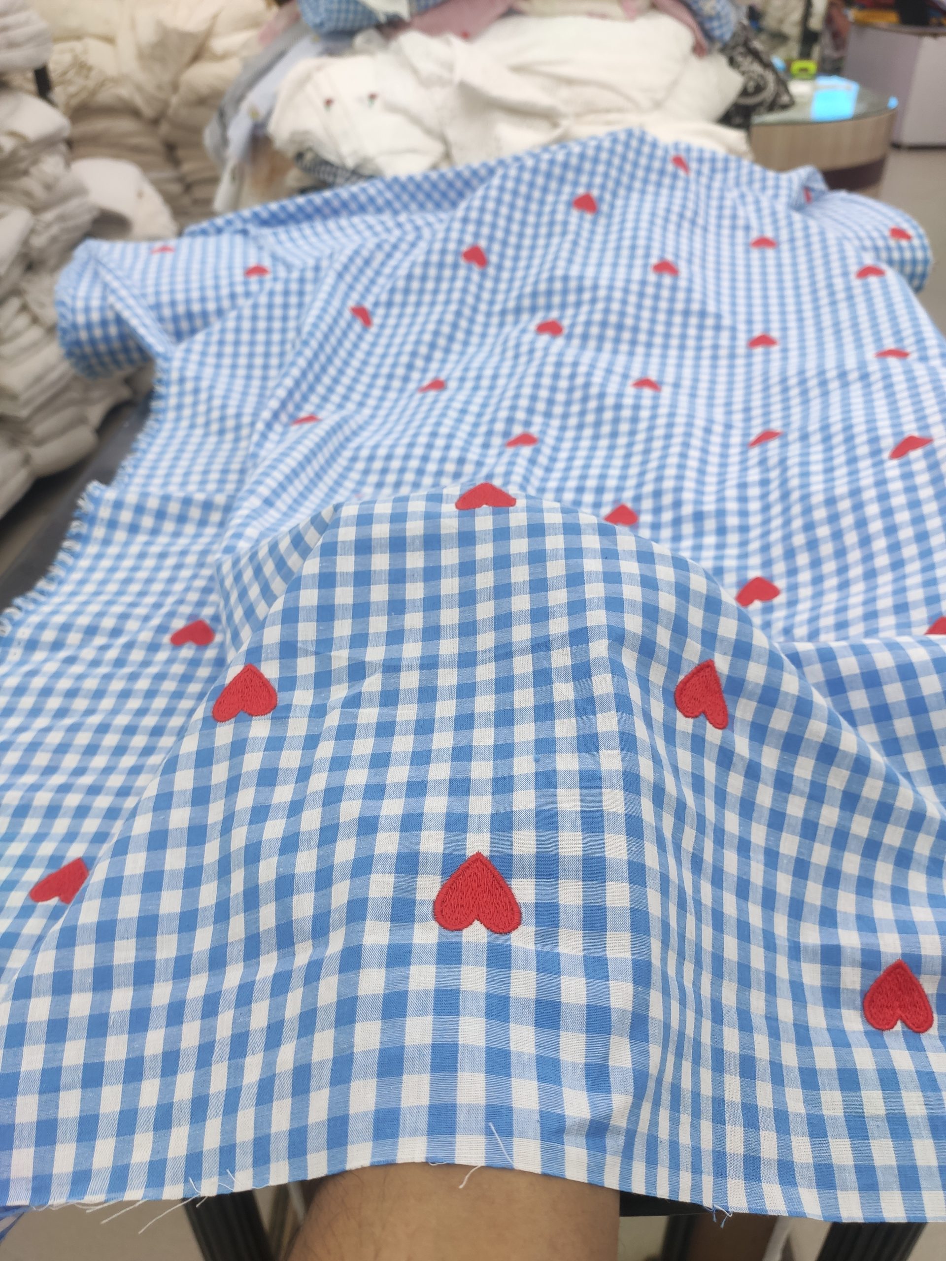 Sky Blue Cotton Checks Fabric with Heart Embroidery | Charu Creation