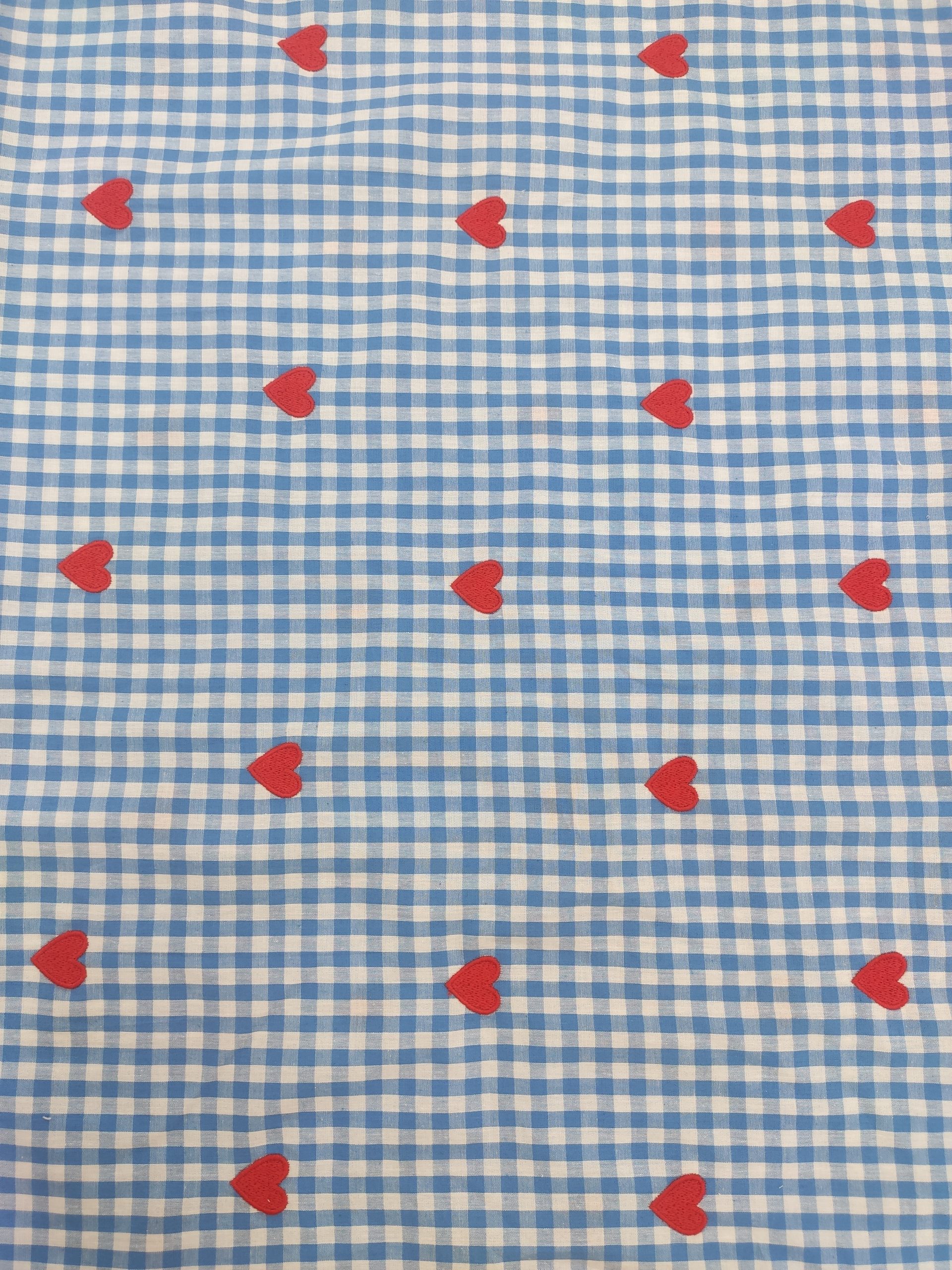 Sky Blue Cotton Checks Fabric with Heart Embroidery | Charu Creation - Image 4