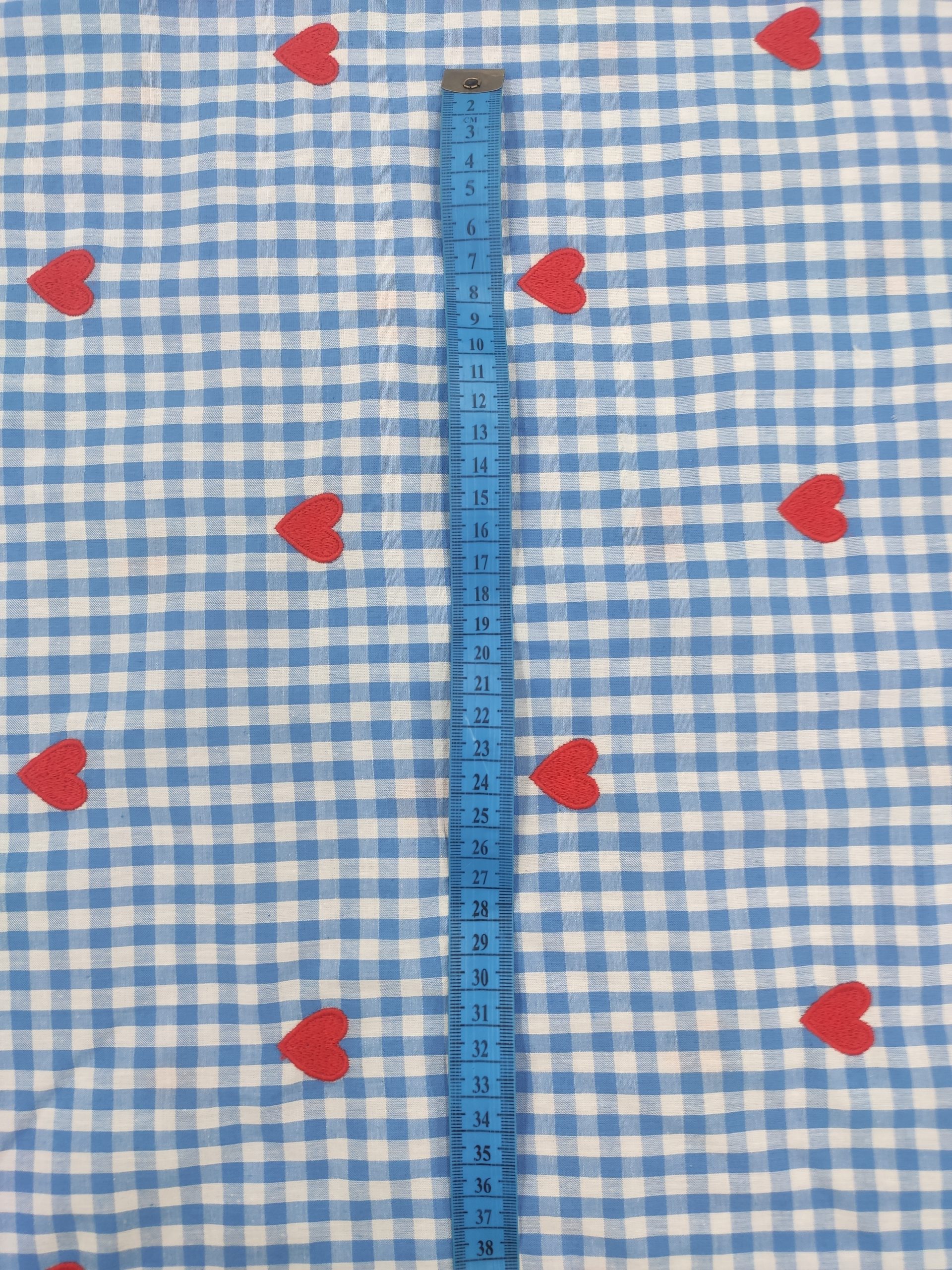 Sky Blue Cotton Checks Fabric with Heart Embroidery | Charu Creation - Image 3