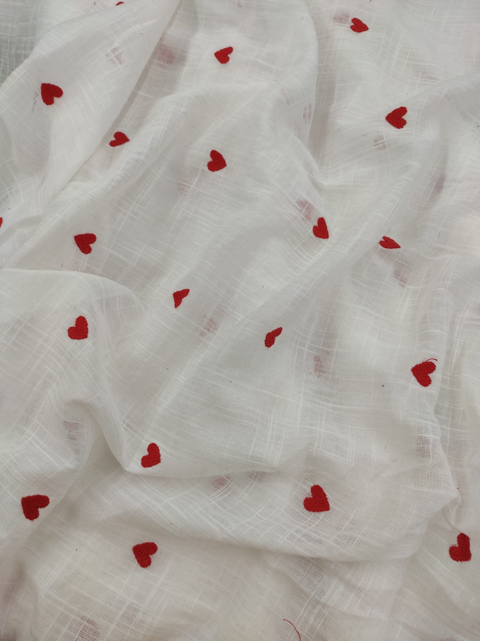 White Cotton Slub with Red Heart Embroidery | Charu Creation - Image 2