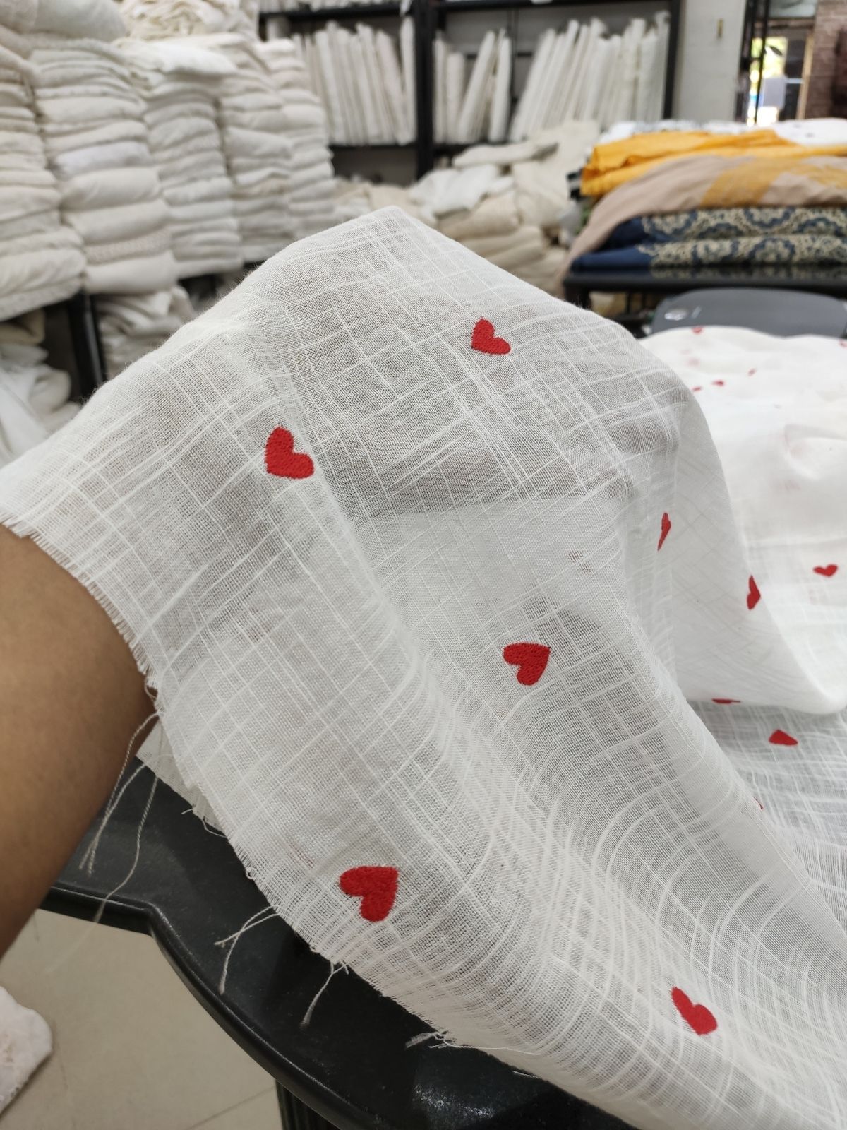 White Cotton Slub with Red Heart Embroidery | Charu Creation