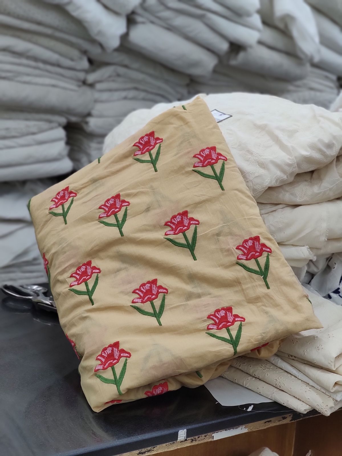 Cream Cotton Cambric with All Over Tulip Embroidery