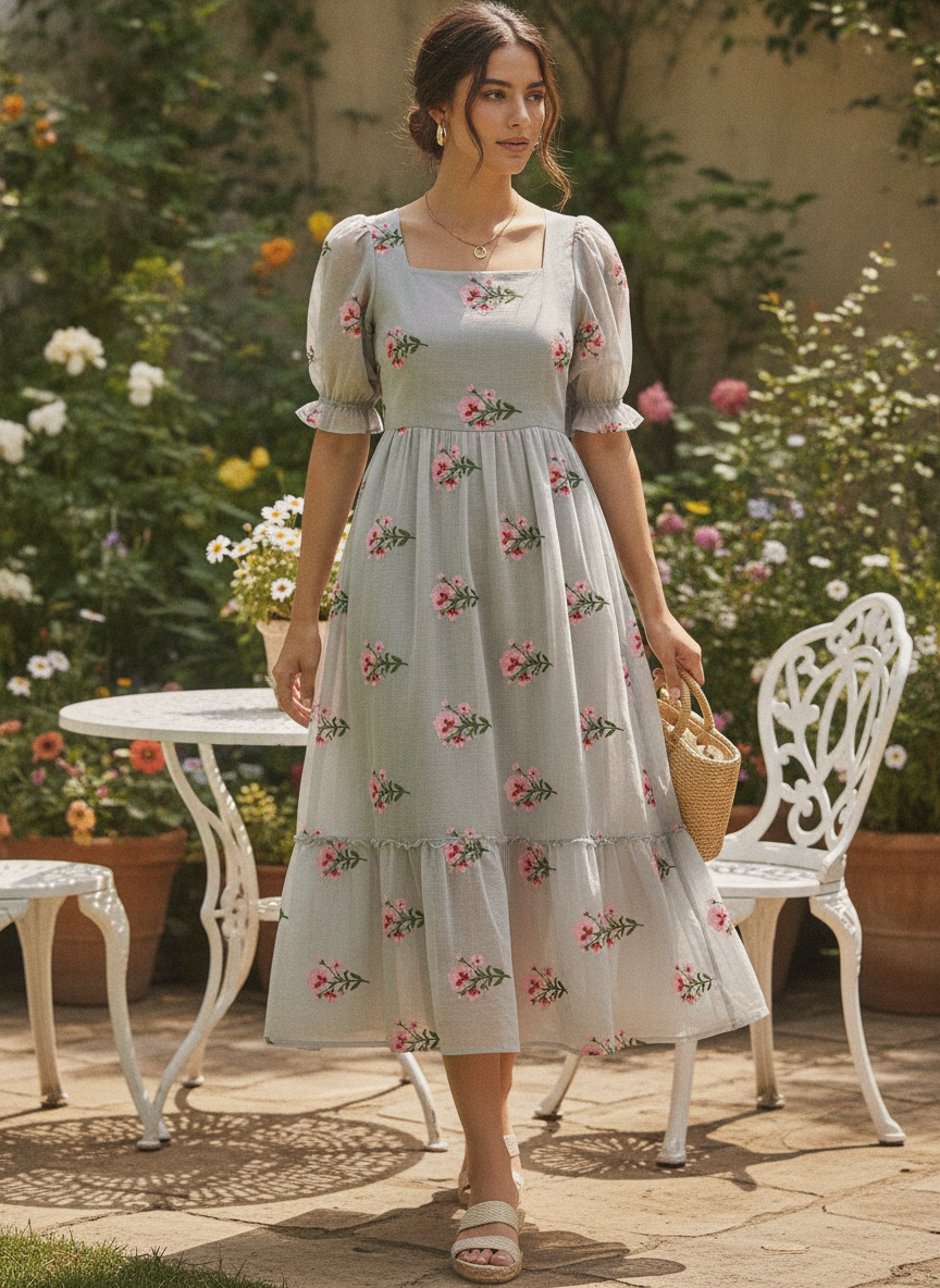 Grey Cotton Cambric with Pink Floral Embroidery | Charu Creation - Image 5