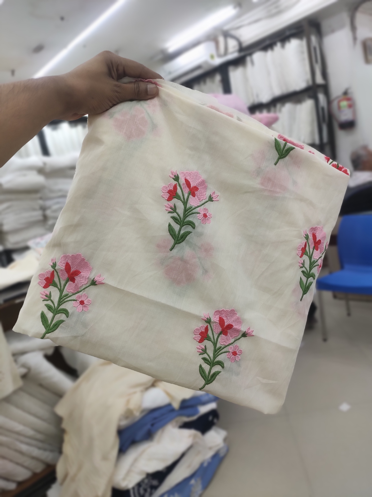 Grey Cotton Cambric with Pink Floral Embroidery | Charu Creation - Image 2
