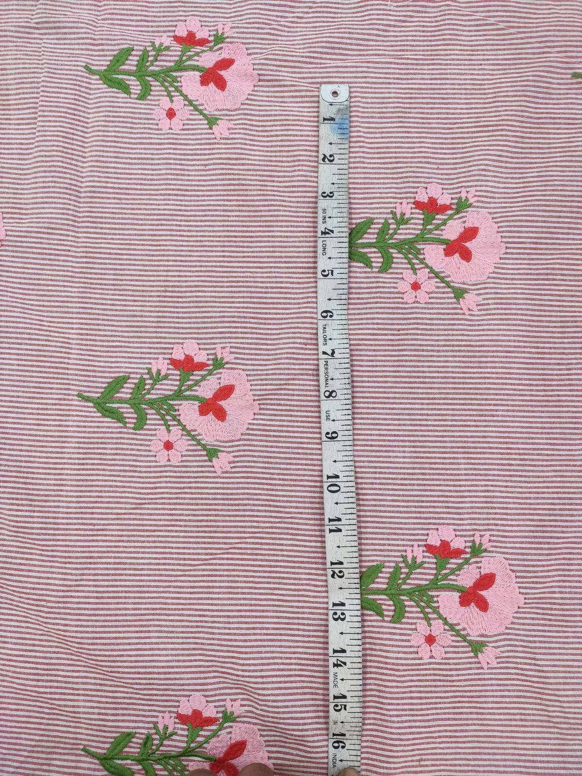 Maroon Striped Cotton Fabric with Floral Embroidery