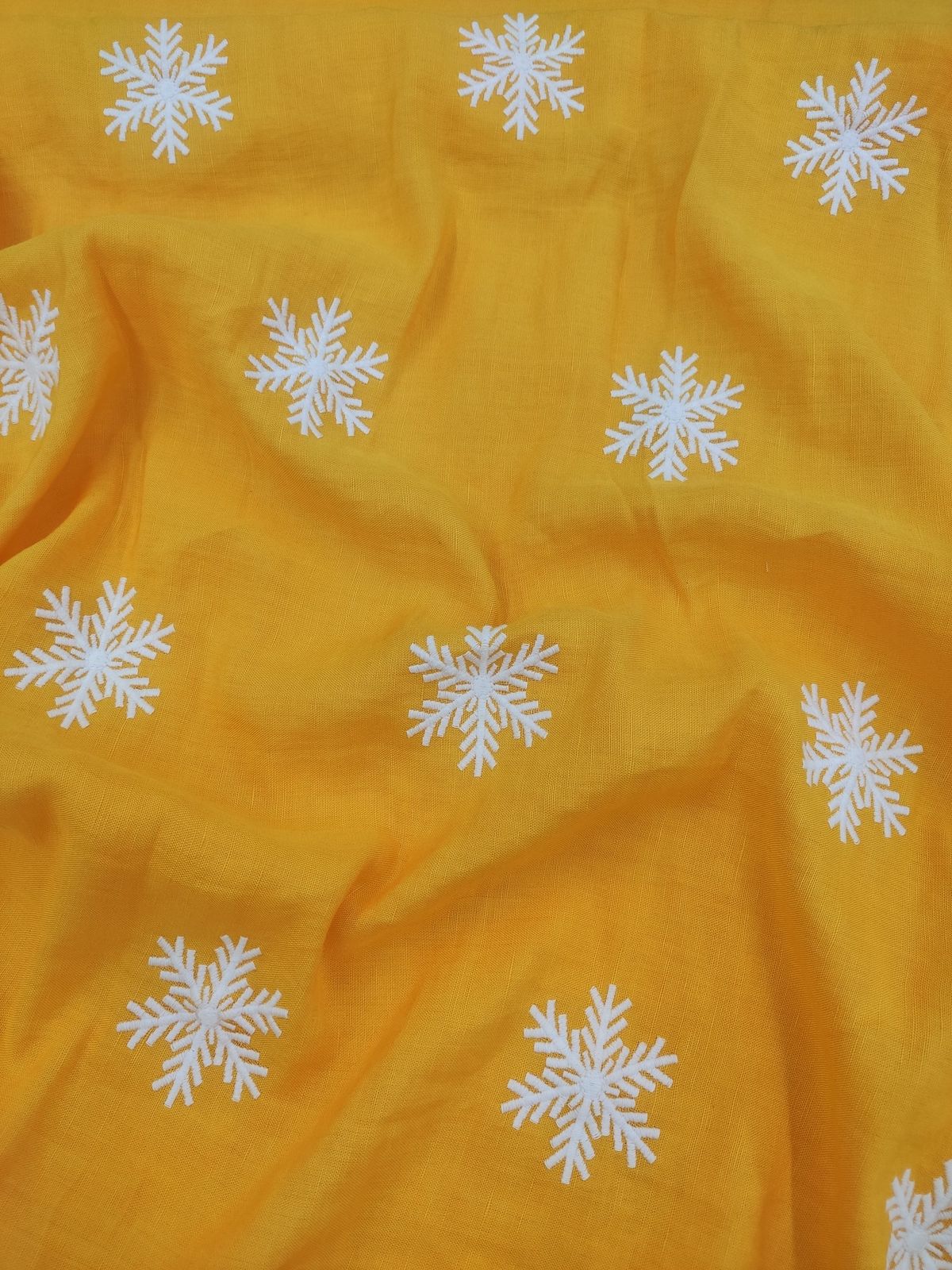 Mustard Viscose Linen with Snowflake Embroidery