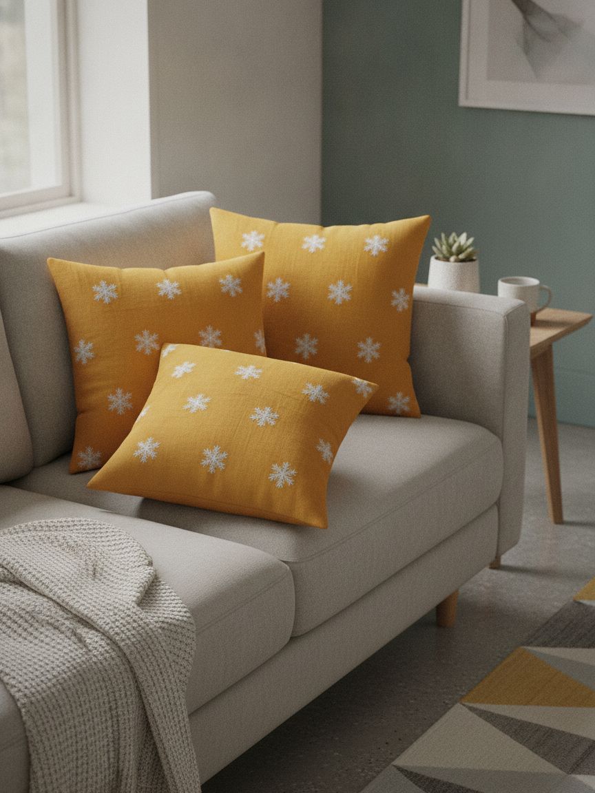 Mustard Viscose Linen with Snowflake Embroidery