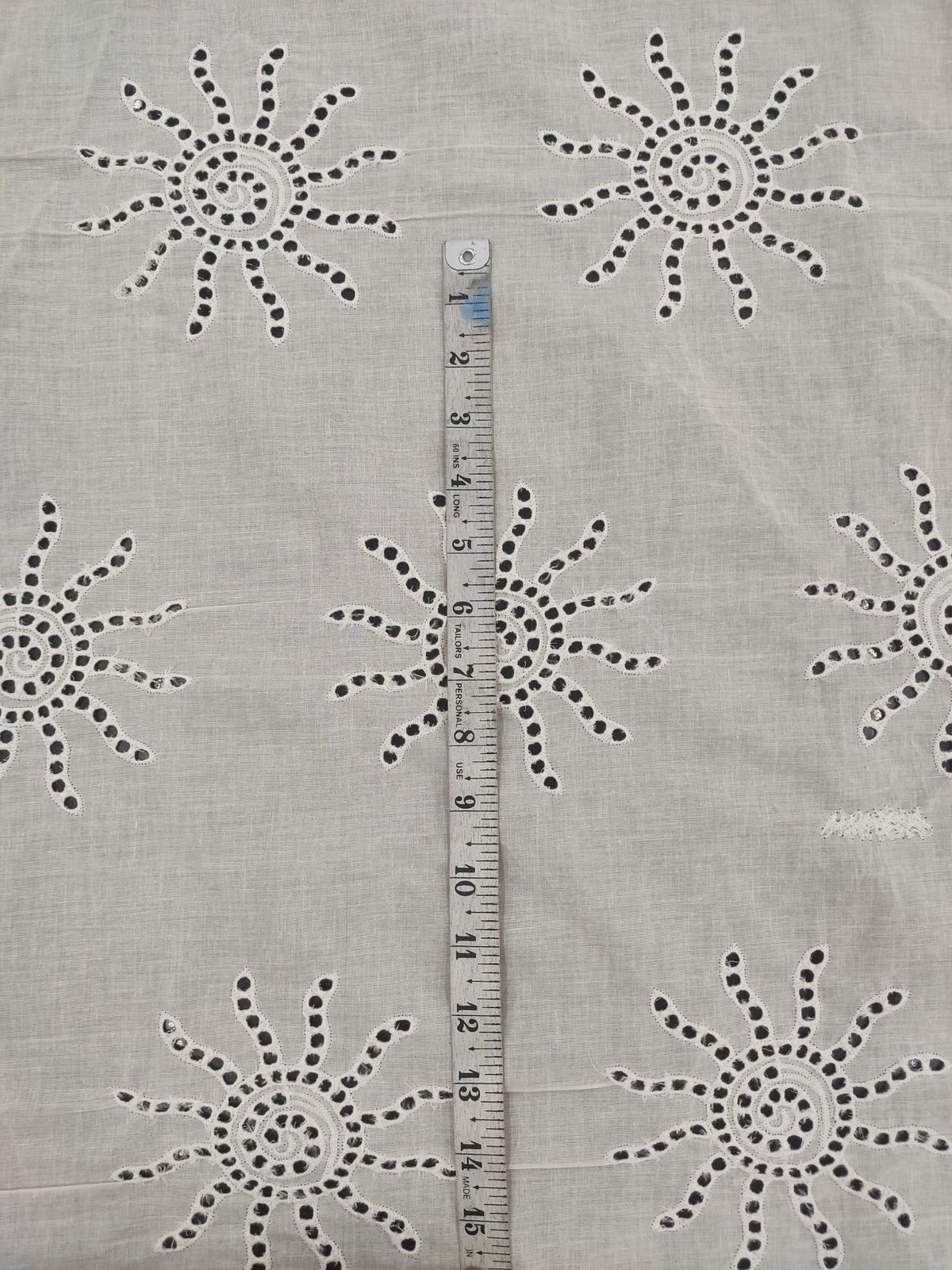Off White Cotton Cambric Sun Motif Embroidery