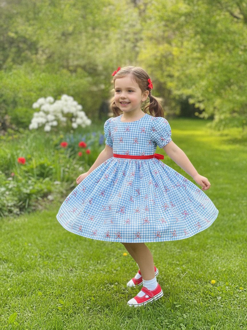 Sky Blue Gingham Cotton Cambric with Red Bow Print