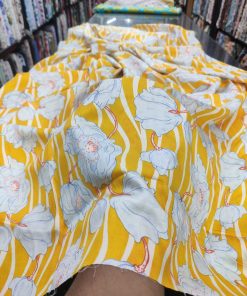 Mustard Floral Stripe Print Modal Satin Fabric | Charu Creation