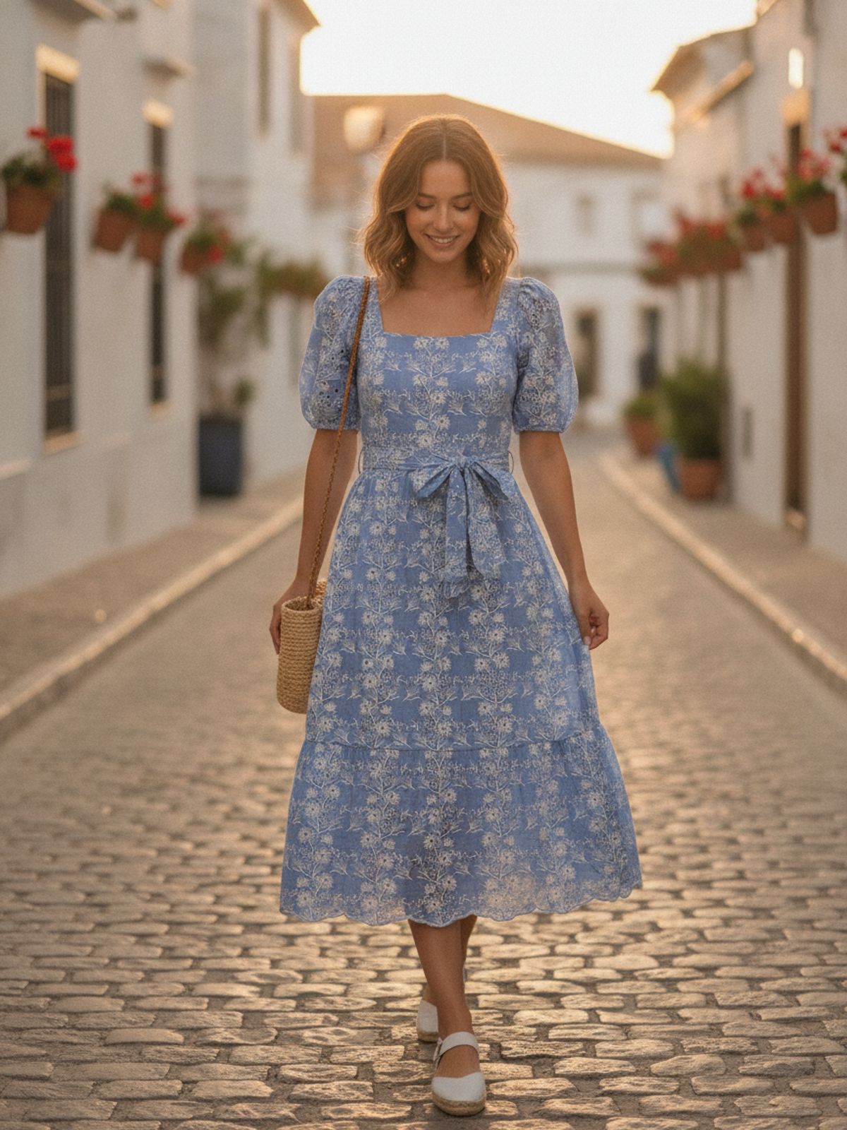Blue Cotton Chambray with White Floral Embroidery