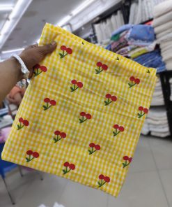 Yellow Cotton Checks Fabric with Cherry Embroidery | Charu Creation