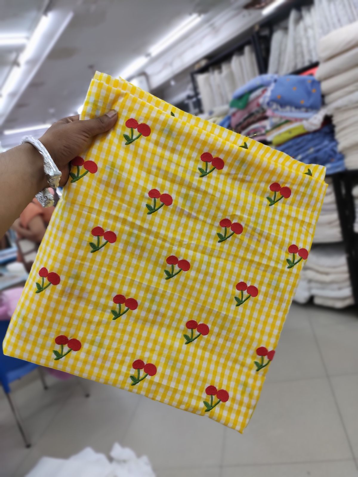 Yellow Cotton Checks Fabric with Cherry Embroidery | Charu Creation