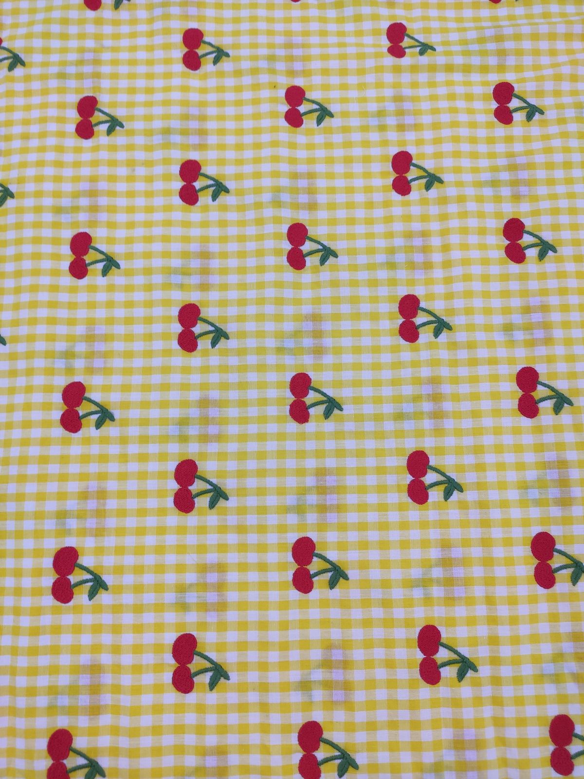 Yellow Cotton Checks Fabric with Cherry Embroidery | Charu Creation - Image 3