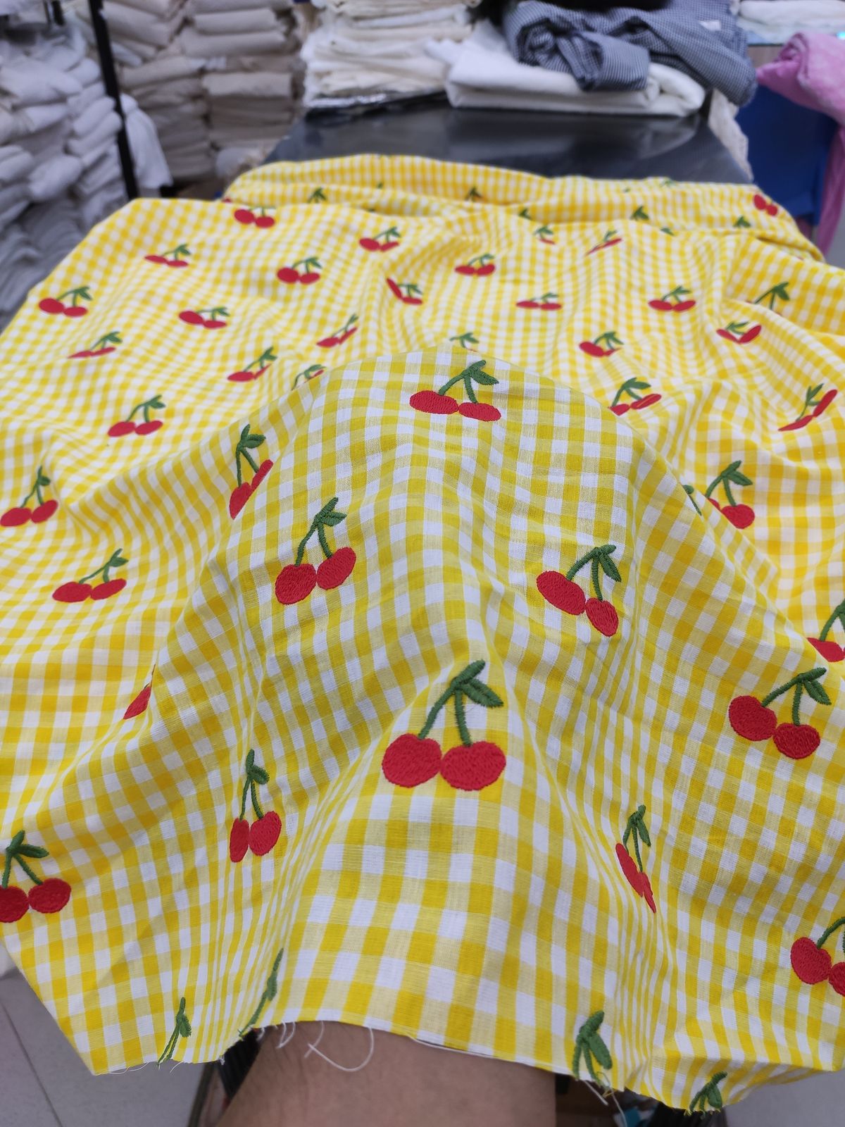Yellow Cotton Checks Fabric with Cherry Embroidery | Charu Creation - Image 4