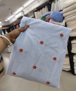 Sky Blue Striped Cotton with Strawberry Embroidery | Charu Creation