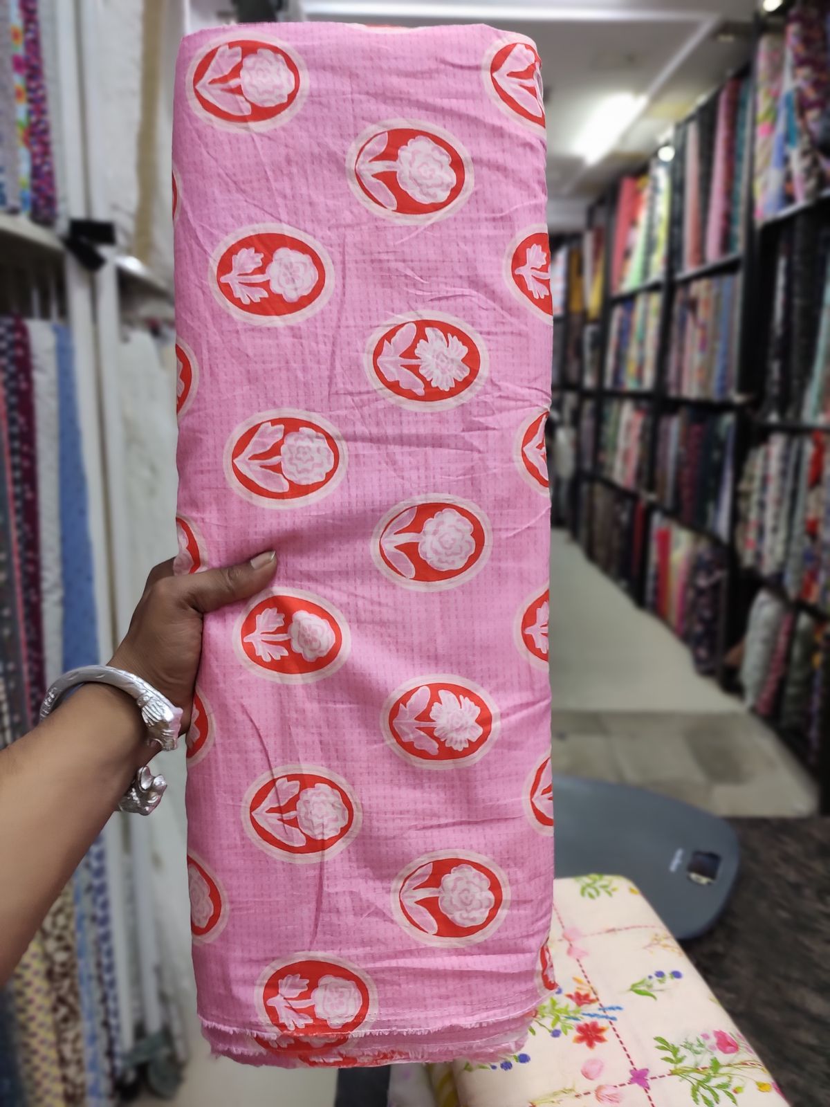 Pink Floral Medallion Print Cotton Cambric Fabric | Charu Creation