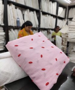 Pink Viscose Linen with Scattered Red Embroidery | Charu Creation