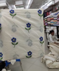 Off White Cotton Cambric with Blue Floral Embroidery | Charu Creation