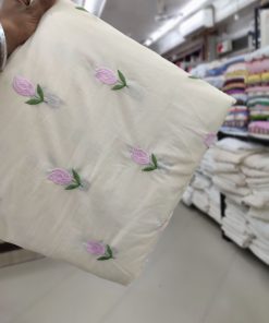 Cream Cotton Cambric Floral Embroidery Fabric | Charu Creation