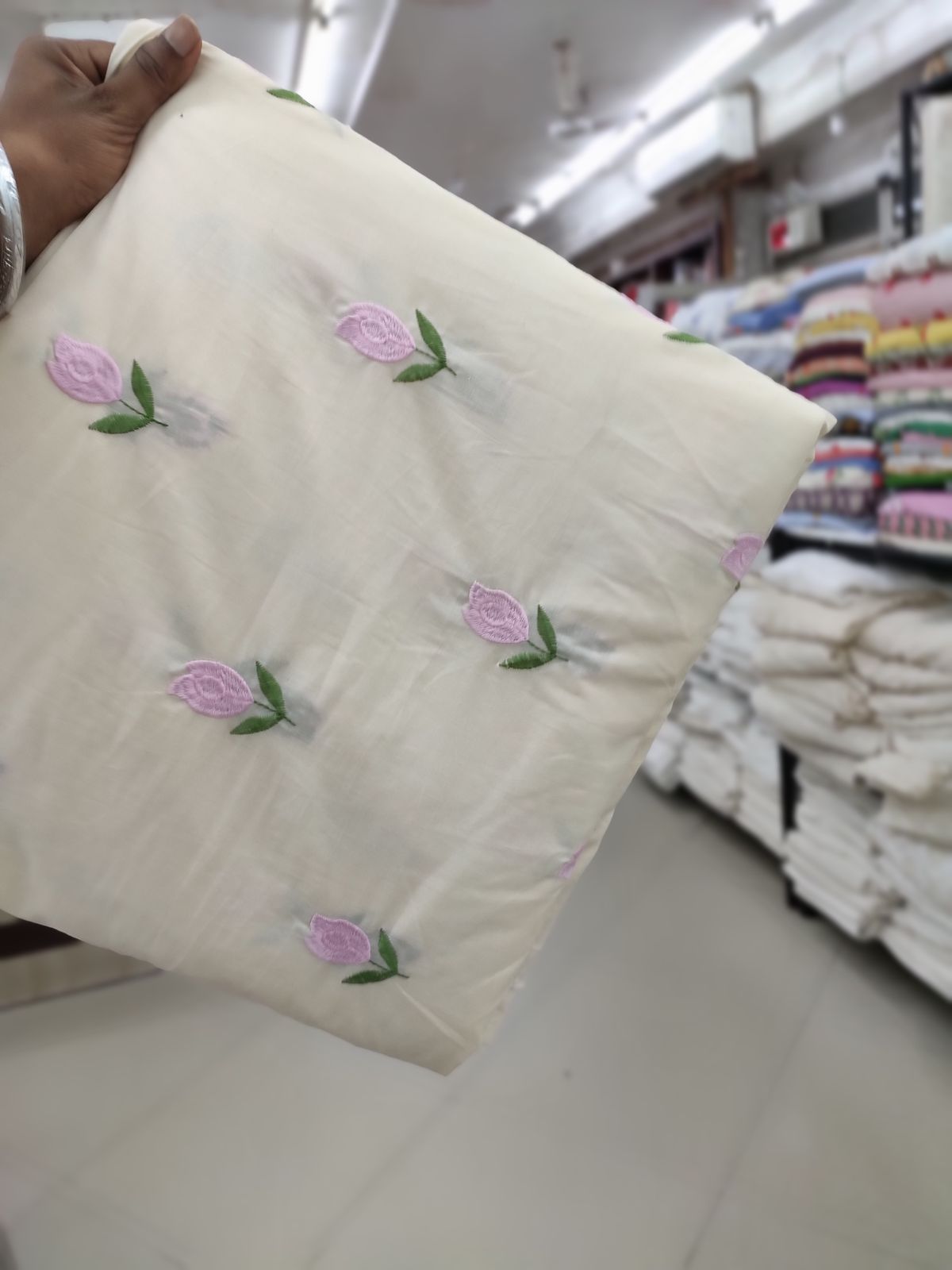 Cream Cotton Cambric Floral Embroidery Fabric | Charu Creation