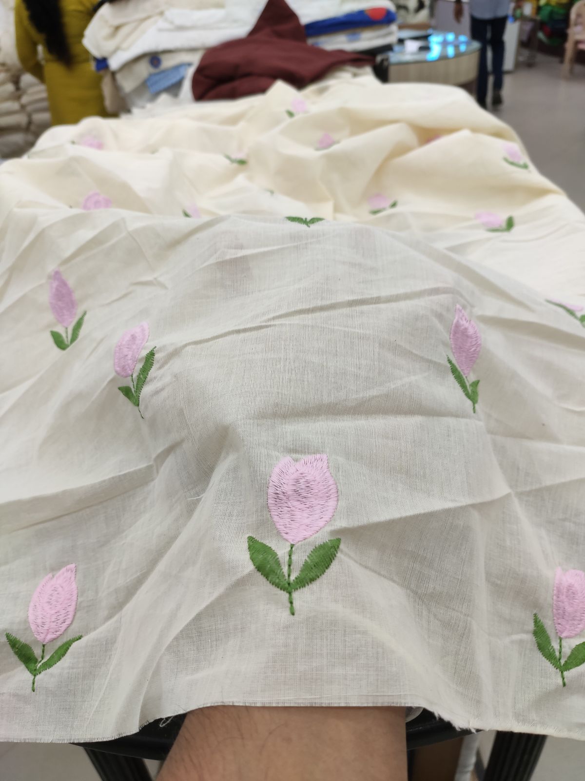 Cream Cotton Cambric Floral Embroidery Fabric | Charu Creation - Image 3
