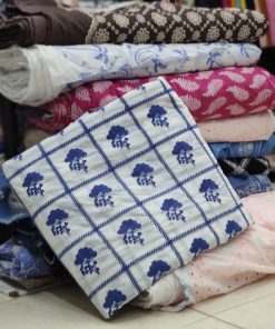 White Cotton Cambric Fabric with Blue Floral Grid | Charu Creation
