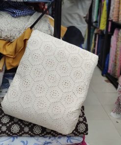Off-White Cotton Cambric Floral Eyelet Embroidery Fabric | Charu Creation