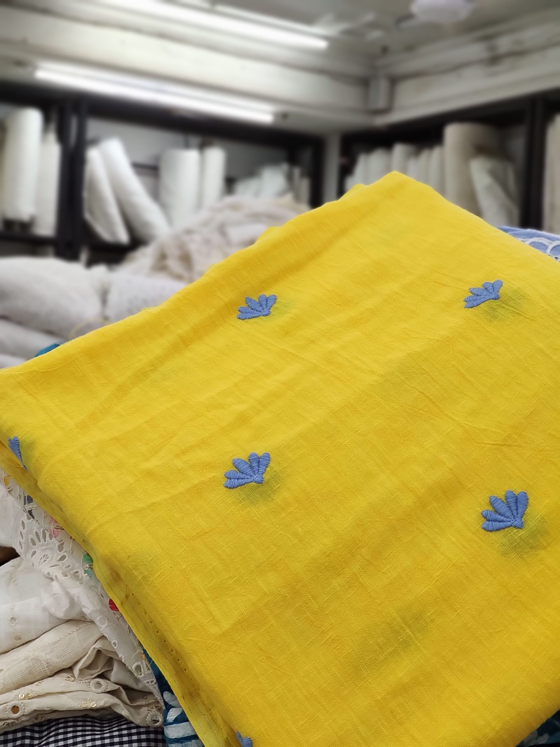 Yellow Viscose Linen with Blue Floral Embroidery | Charu Creation