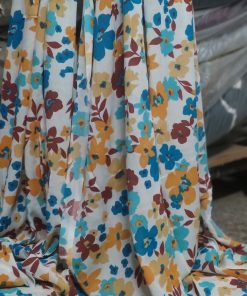 White Floral Print Rayon Crepe Lurex Fabric | Charu Creation