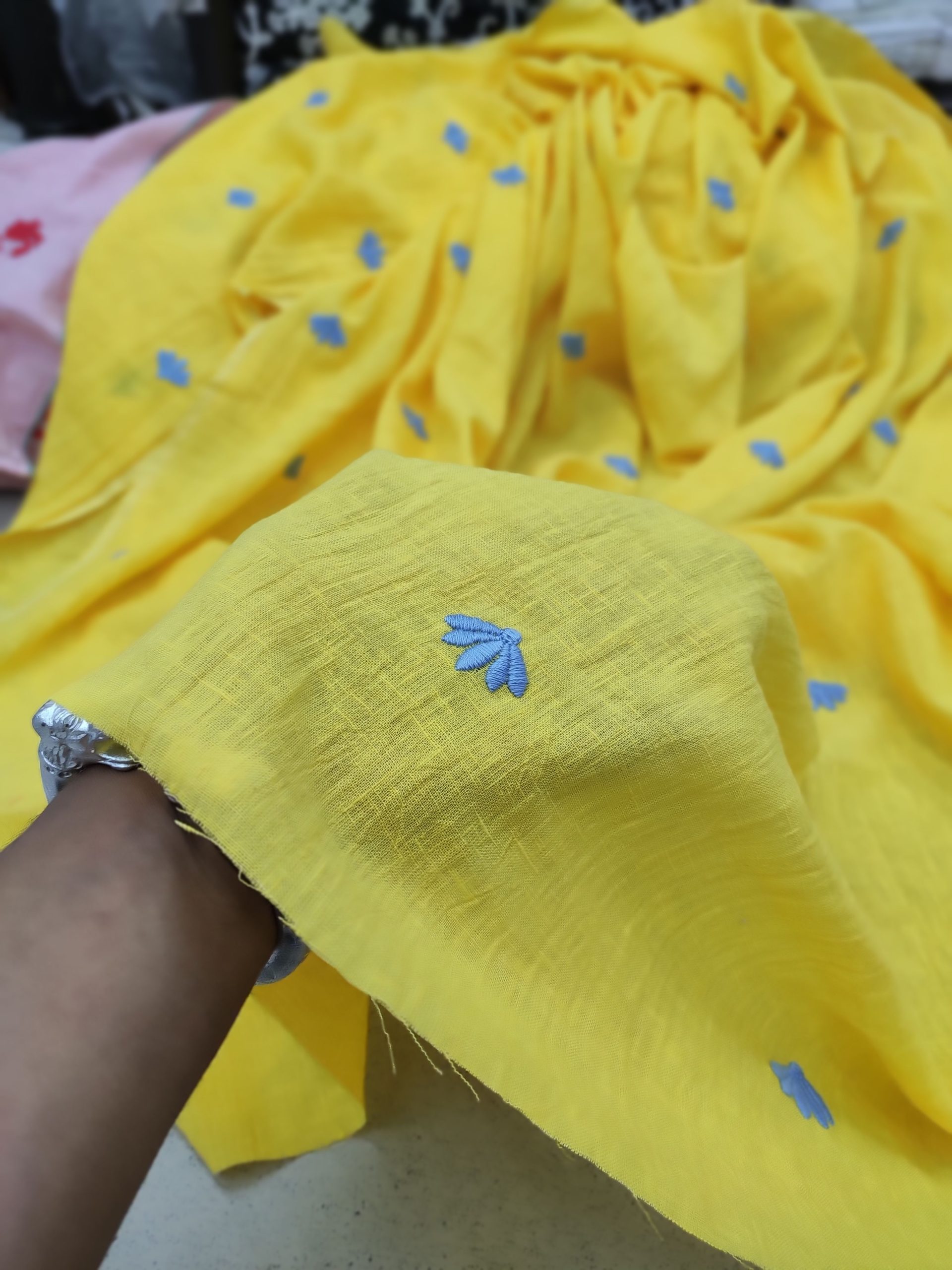 Yellow Viscose Linen with Blue Floral Embroidery | Charu Creation - Image 2