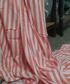 Off White & Coral Striped Rayon Crepe Fabric | Charu Creation