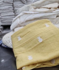 Beige Viscose Linen with White Pineapple Embroidery | Charu Creation