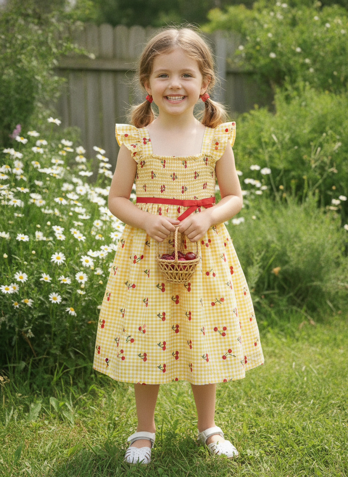 Yellow Cotton Checks Fabric with Cherry Embroidery | Charu Creation - Image 5